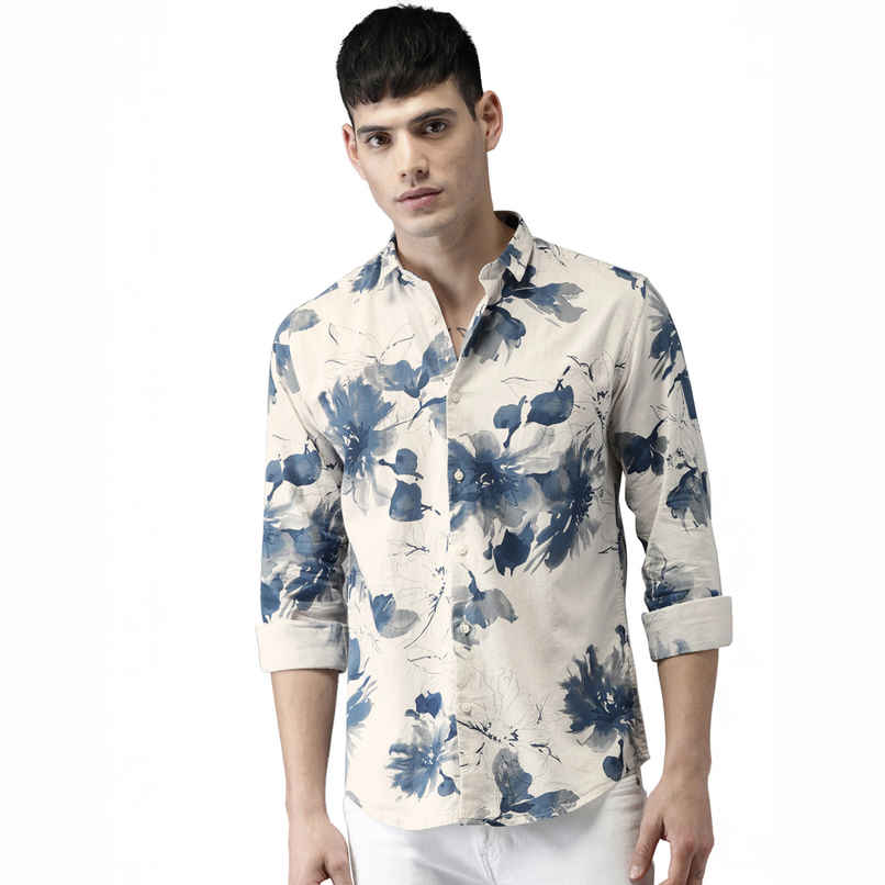 Bene Kleed Men's Slim Fit Floral Printed Cotton Linen Casual Shirt | Off White - L