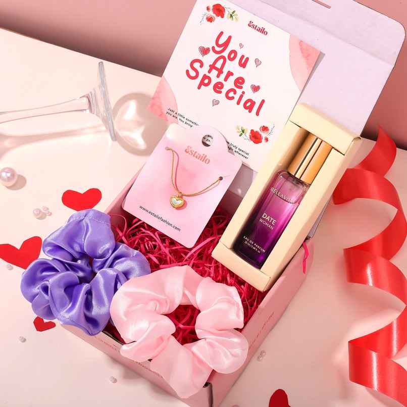 Estailo Fashion Gift Box with Scrunchies, Perfume & Heart Pendant | Women's Day