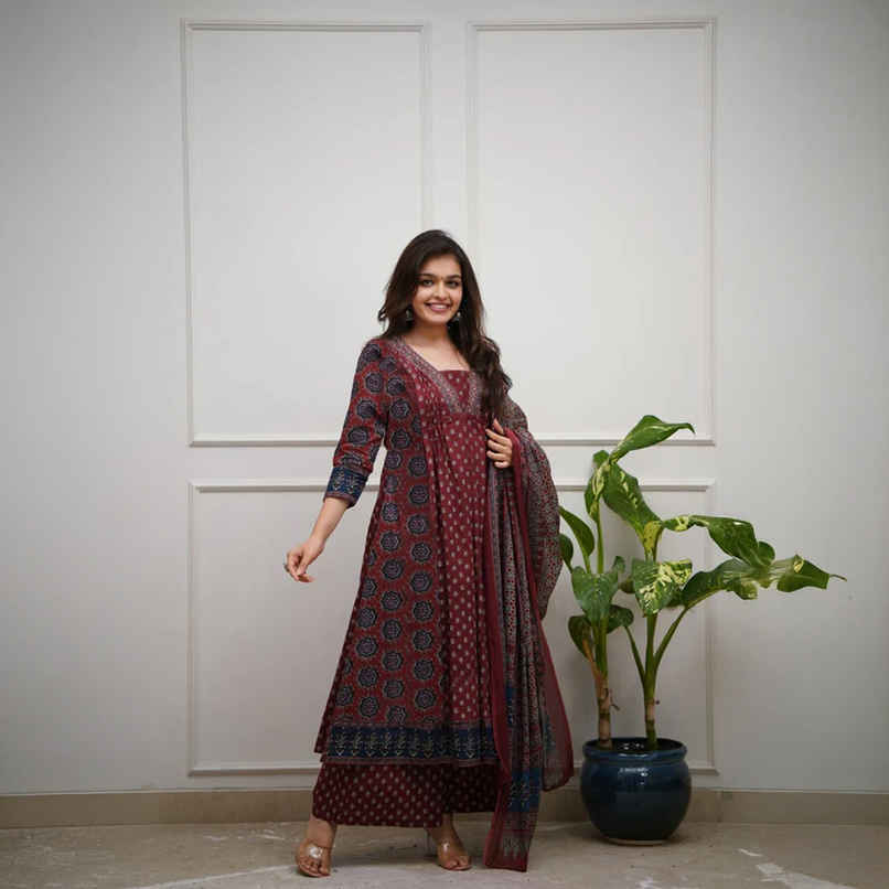 GoSriKi Women's Viscose Rayon Anarkali Printed Kurta with Pant & Dupatta | NAKULA | Wine - L