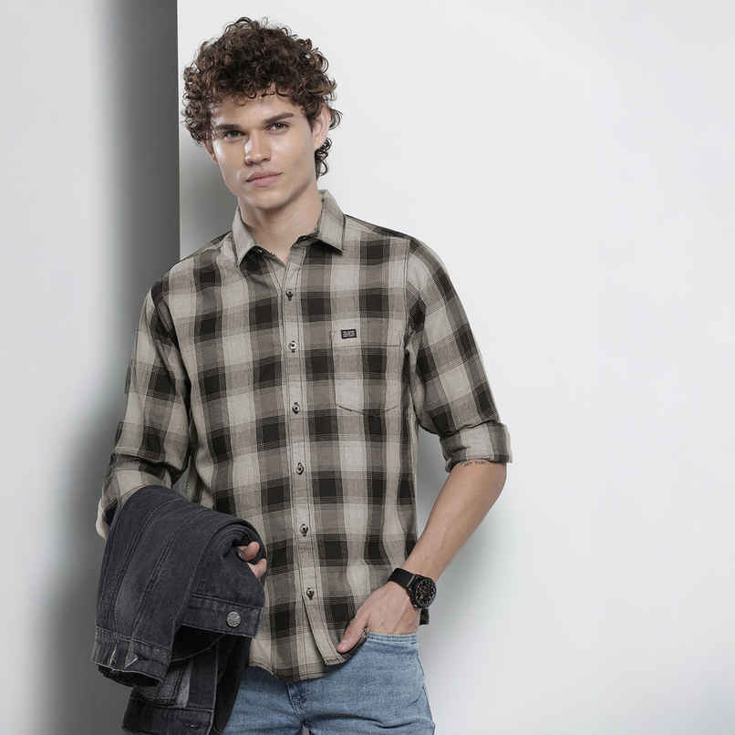 The Indian Garage Co Men's Slim Fit Checkered Casual Shirt | Grey - M