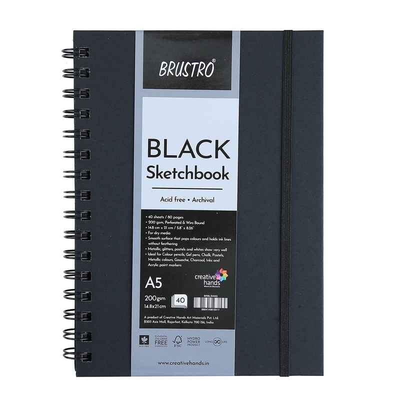 Brustro Black Sketchbook A5 200Gsm | 40 Sheets / 80 Pages | Wiro Bound