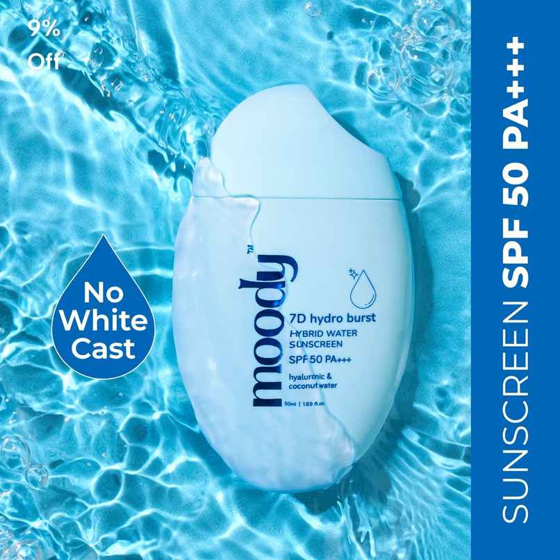 Moody 7D Hydro Burst Hybrid Water Sunscreen SPF 50 Pa +++, Hyaluronic & Coconut Water (50 Ml)
