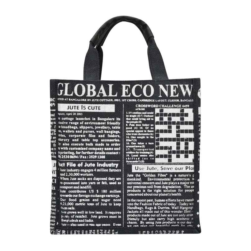 Jute Cottage Carry Bag - Small Lunch Bag | Eco-friendly | Stylish | Global | | Black | 10 x 10 x 6