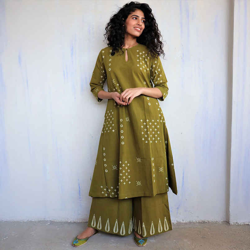 GoSriKi Women's Viscose Rayon Straight Printed Kurta with Palazzo | CHAURYA | Mehandi - S