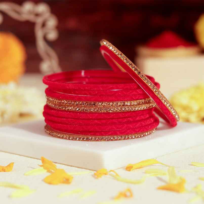 Elegant Velvet Bangles | Traditional Jewellery | Red & Gold | Pack Of 12 | Size 2.4 | Oye Happy