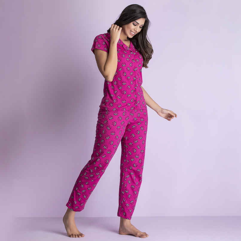 Clovia Owl Print Button Down Shirt & Pyjama Set - Cotton Rich(Magenta - S)