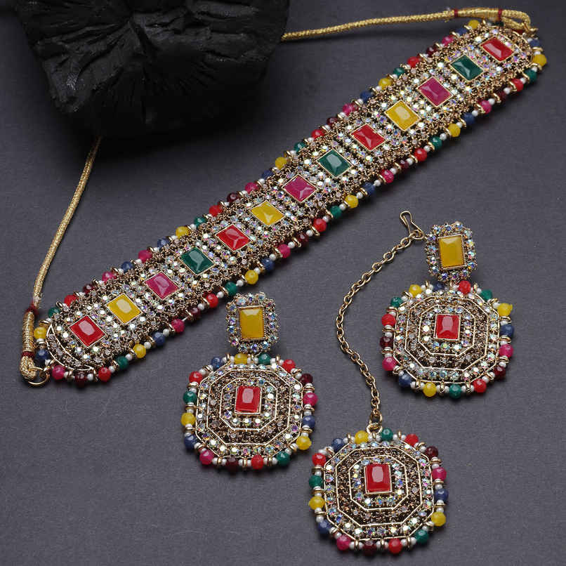 Sukkhi Exquisite Gold Plated Multi Kundan & Beads Studded Collar Necklace Set