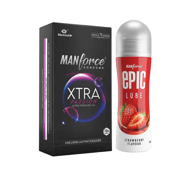 Manforce Xtra Passion Climax Delay Ultra Thin Condom (1pc) & Manforce Epic Lube Strawberry Flavored Lubricating Gel For Men And Women Water Based Skin Friendly (60ml) Combo
