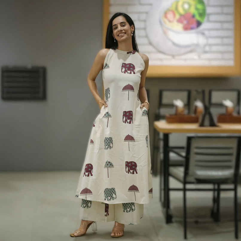 GoSriKi Women's Viscose Rayon Anarkali Printed Kurta with Palazzo | SURAI | White - XL