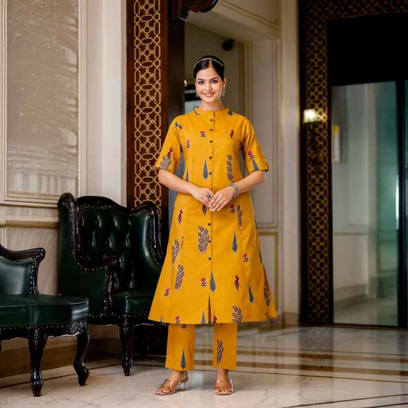 GoSriKi Women's Rayon Blend Straight Printed Kurta with Pant | BARKAT | Yellow - L