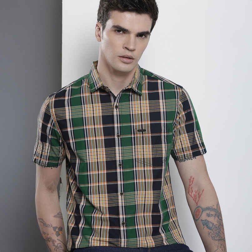 The Indian Garage Co Men's Slim Fit Checkered Casual Half Sleeve Shirt | Navy Blue - L