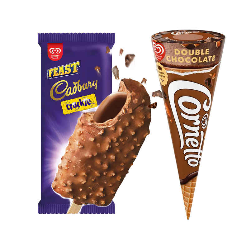 Kwality Wall'S Feast Cadbury Crackle Stick (70ml) & Kwality Wall'S Cornetto Double Chocolate Cone (105ml) Combo