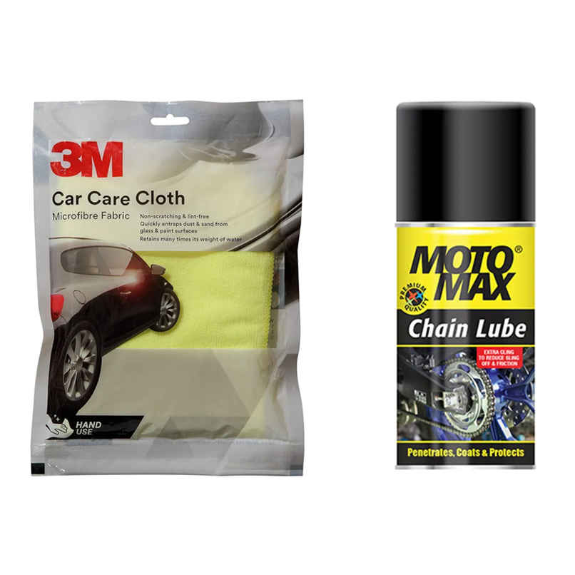 3M Car Care Microfiber Car Cleaning Cloth - Yellow | 30 X 35 Cm (1pc) & Motomax Chain Lube Spray 100 Ml (1pc) Combo