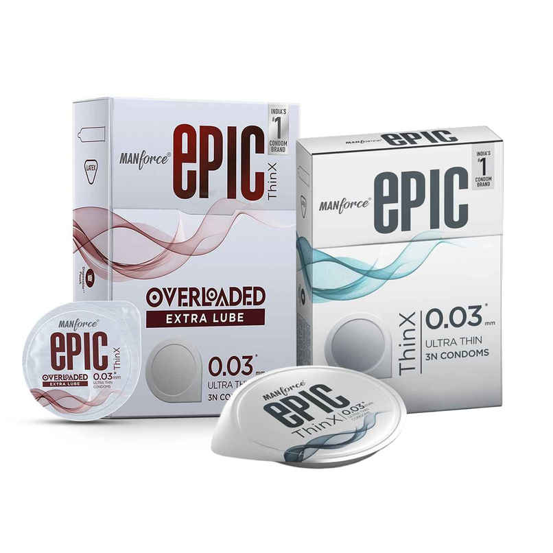Manforce Epic Thin-X Overloaded Ultra-Thin Extra Lube Condom (1pc) & Manforce Epic Thinx Ultra Thin Condoms | Lightweight & Comfortable (3pc) Combo