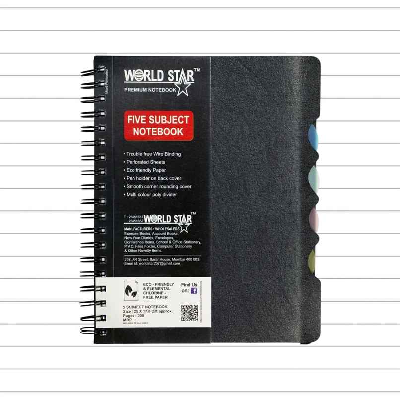 ABK 5 Subject Notebook 70 Gsm Paper Single Ruled Spiral Bound | 300 Pages, 17.6 x 25 cm