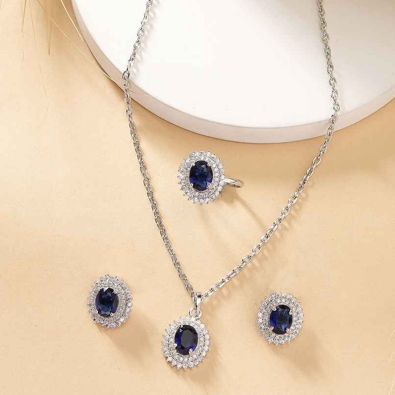 Zeneme Rhodium-Plated Blue AD-CZ Oval Halo Necklace Earrings Ring For Women & Girls