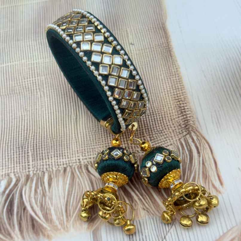 The Opal Factory Kundan Silk Thread Flexible Size Bangle | Jhumki Latkan | Green - Flexible