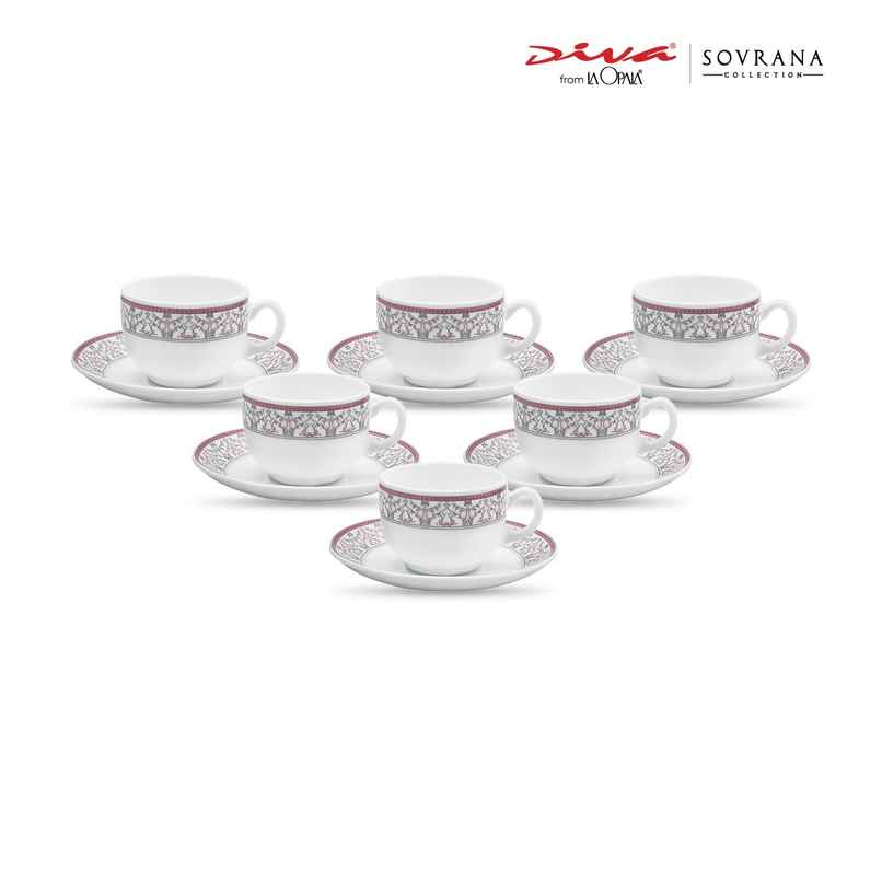 La Opala Diva Sovrana Cup & Saucer 160 ml Set of 12 Moroccan Pink Opal Glass Cups for Tea, White