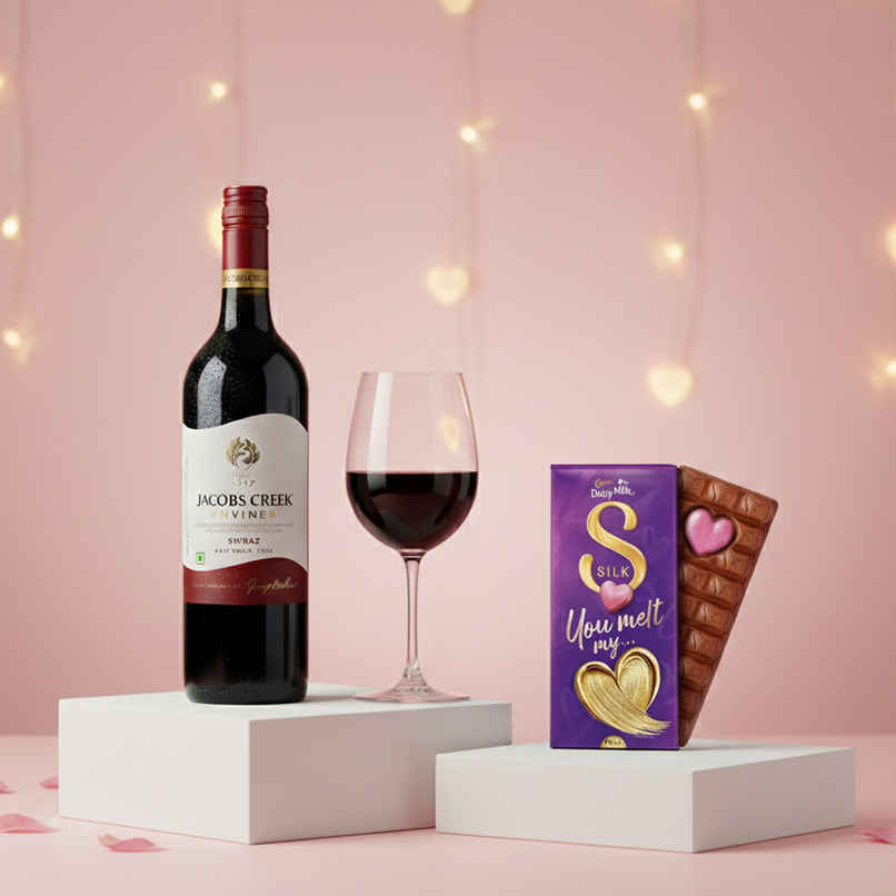 Jacob'S Creek Imported Red Grape Non-Alcoholic Still Wine (750ml) & Cadbury Dairy Milk Silk Heart Blush Chocolate Bar Valentines Gift Pack (250g) Combo