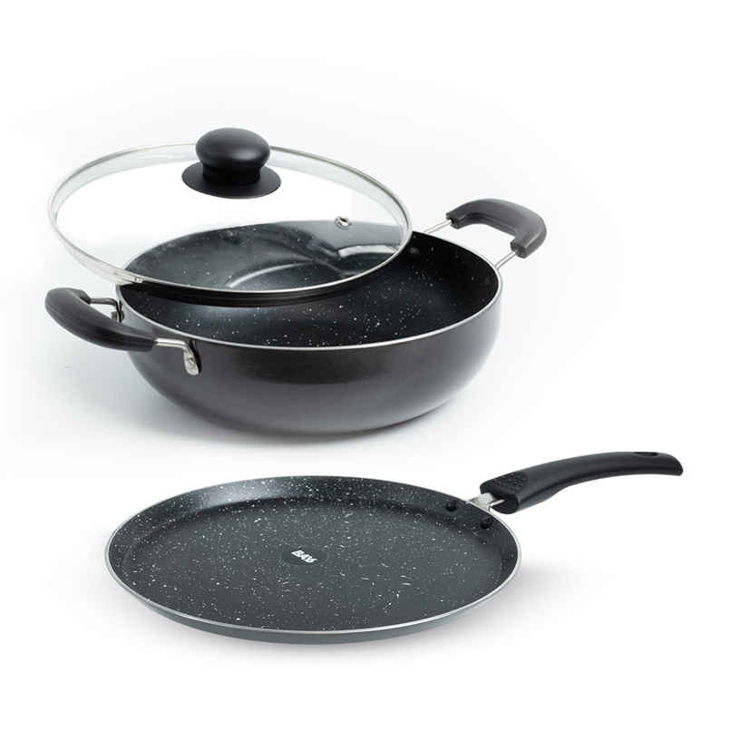 BAY6 Nonstick Cookware Set - (Dosa Tawa 26 cm + Kadai with Lid 22 cm) - Grey - (2pc)
