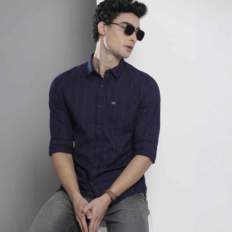 The Indian Garage Co Men's Slim Fit Checkered Casual Shirt | Navy Blue - XL