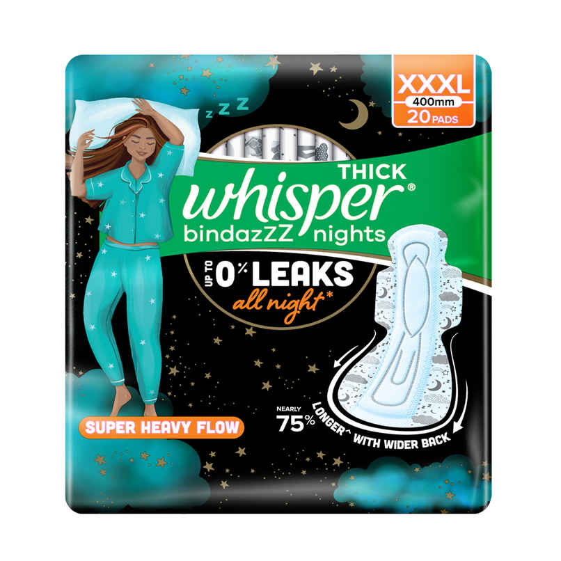 Whisper Bindazzz Nights Sanitary Pads | XXXL | 20 pcs Whisper Bindazzz Nights Sanitary Pads | XXXL | 20 pcs