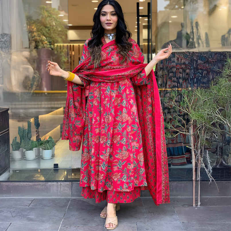 GoSriKi Women's Viscose Rayon Anarkali Printed Kurta with Pant & Dupatta | CIA | Pink - L