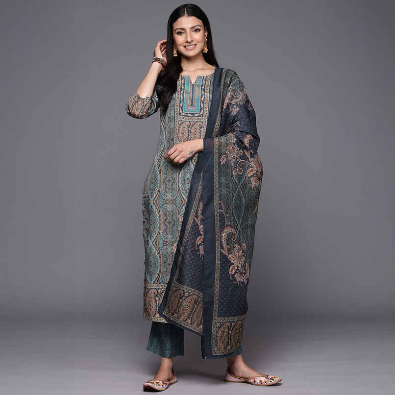 Libas Printed Crepe Straight Kurta With Trousers & Dupatta | 34211R | Blue - L