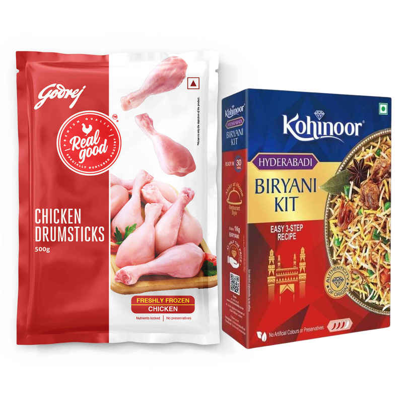 Godrej Yummiez Real Good Chicken Drumstick (500g) & Kohinoor Ready To Cook Hyderabadi Biryani Kit (333g) Combo