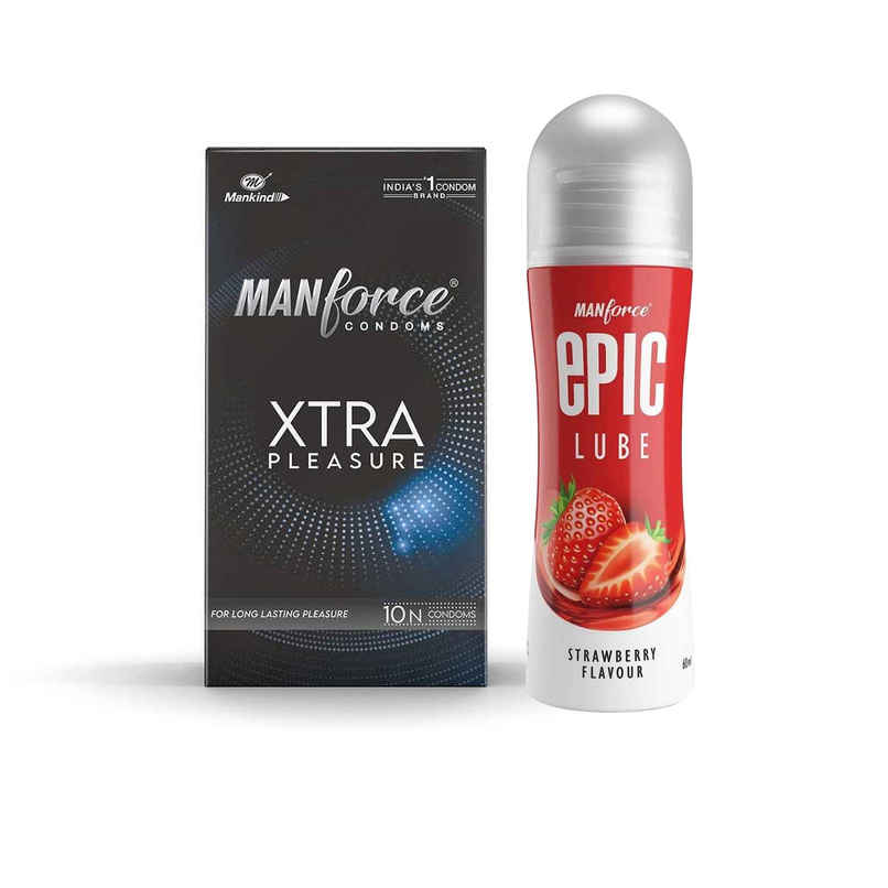 Manforce Xtra Pleasure Climax Delay Dotted Condom (1pc) & Manforce Epic Lube Strawberry Flavored Lubricating Gel For Men And Women Water Based Skin Friendly (60ml) Combo