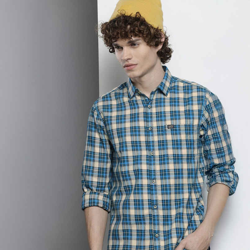 The Indian Garage Co Men's Slim Fit Checkered Casual Shirt | Blue - S