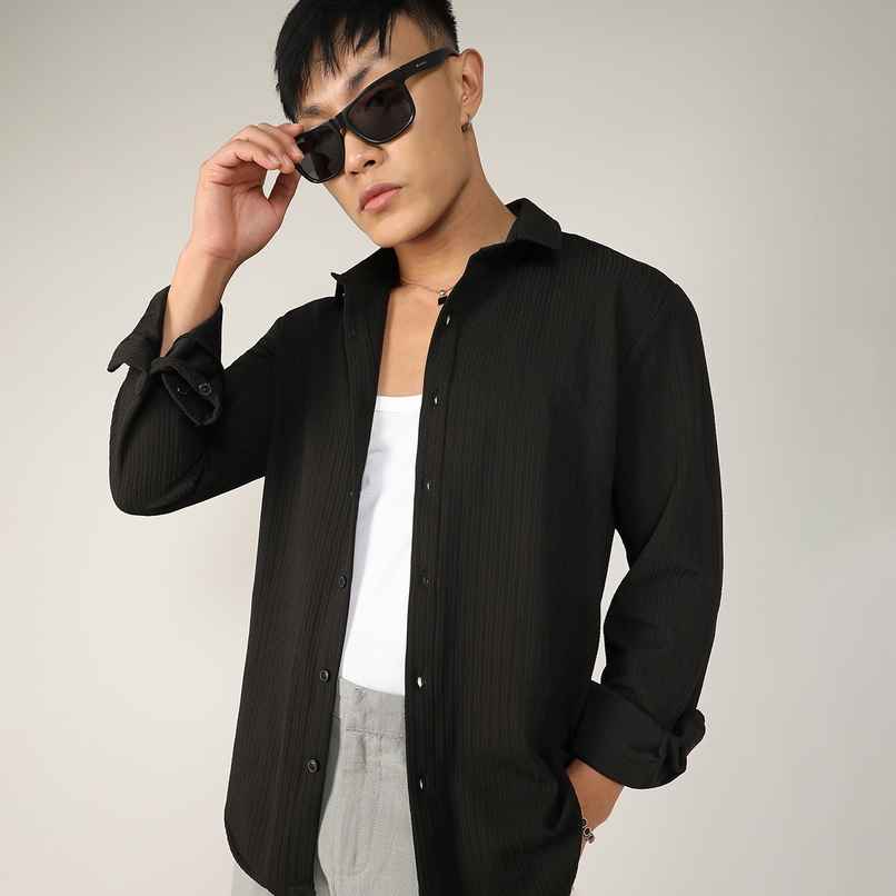 Campus Sutra Men's Stripe - Creased Shirt | Black - M