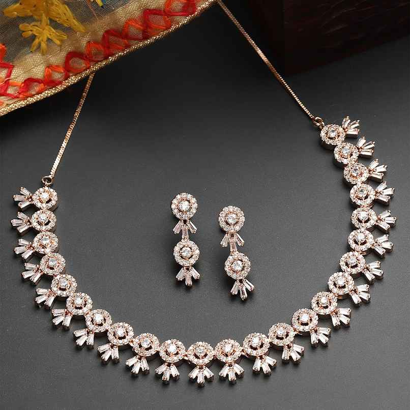 Zeneme American Diamond Studded Necklace With Earring Detailing Jewellery Set For Women & Girls