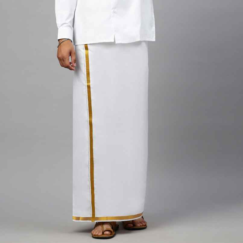 Ramraj Cotton Men's White Dhoti / Mundu / Veshti with Golden Zari Border | Free Size
