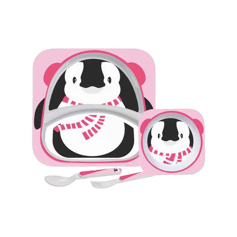 Cello Kids Meal Melamine Dinner Set with Penguin Print | Pink, Set of 4