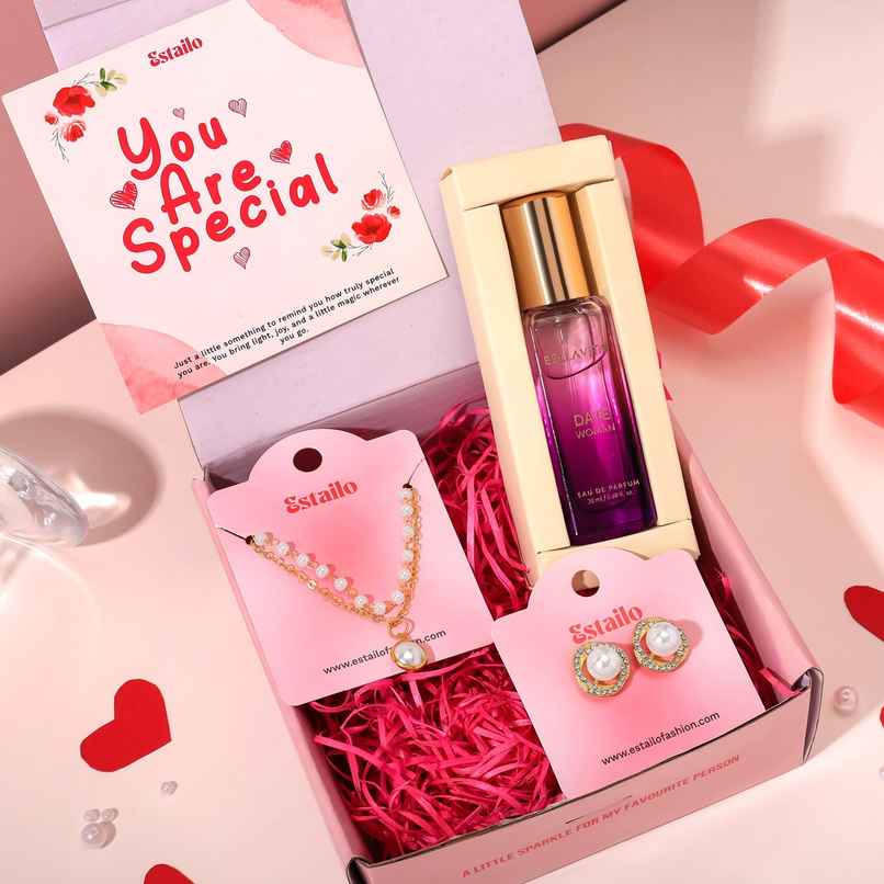 Estailo Fashion Gift Box Pearl Earrings, Necklace & Perfume | Women's Day