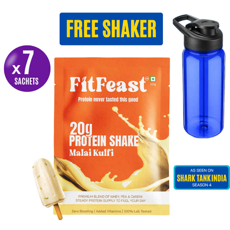 FitFeast Lab-Tested Malai Kulfi 20g Protein Shake Sachets (7) + Free Shaker | Zero Bloating Guarantee