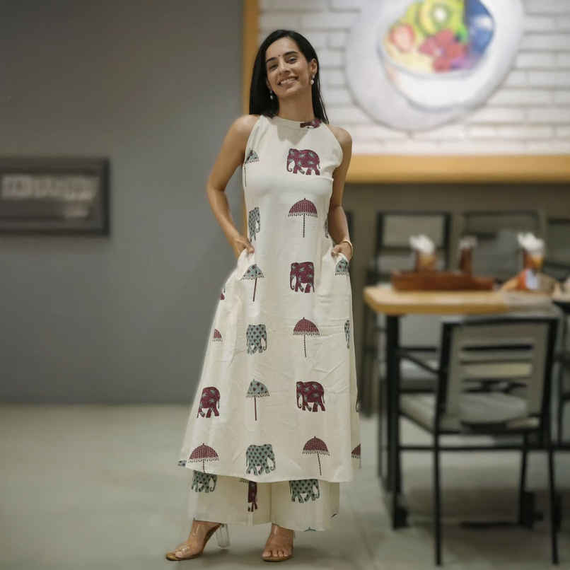 GoSriKi Women's Viscose Rayon Anarkali Printed Kurta with Palazzo | SURAI | White - L