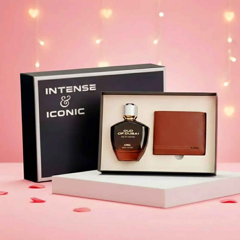 Ajmal Men's Gift Set Oud of Dubai EDP Leather Wallet