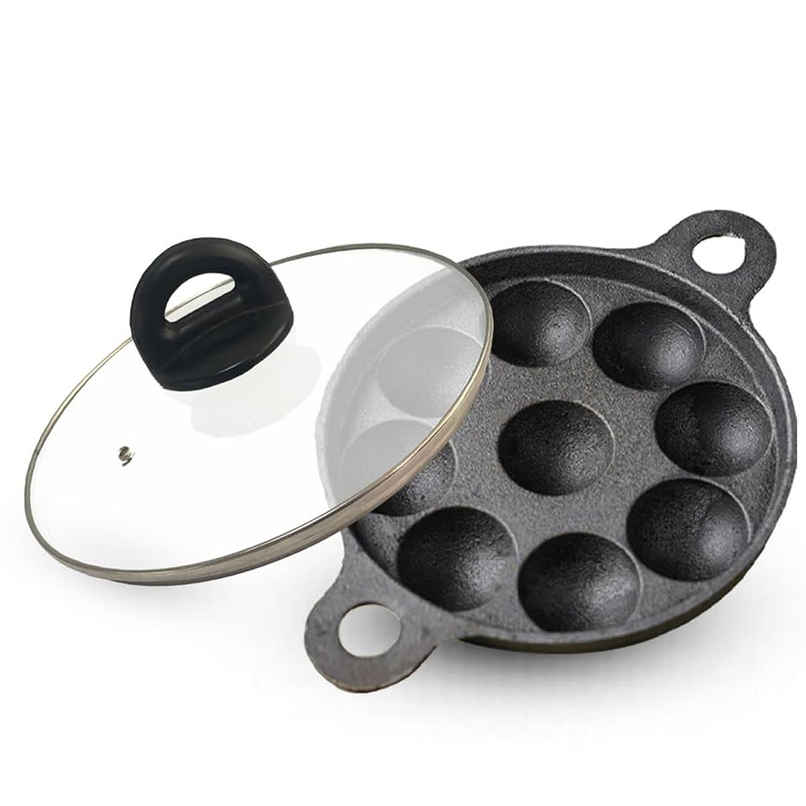 The Indus Valley Super Smooth Cast Iron Paniyaram Pan with Glass Lid | 9 Pit, 20.8cm/8.2inch, 2.7kg The Indus Valley Super Smooth Cast Iron Paniyaram Pan with Glass Lid | 9 Pit, 20.8cm/8.2inch, 2.7kg