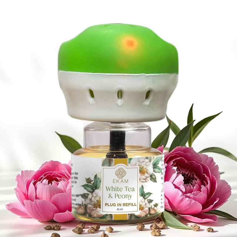Ekam White Tea & Peony Scented Plug In Air Freshener Kit | 1 x Machine + 1 x Refill Bottle