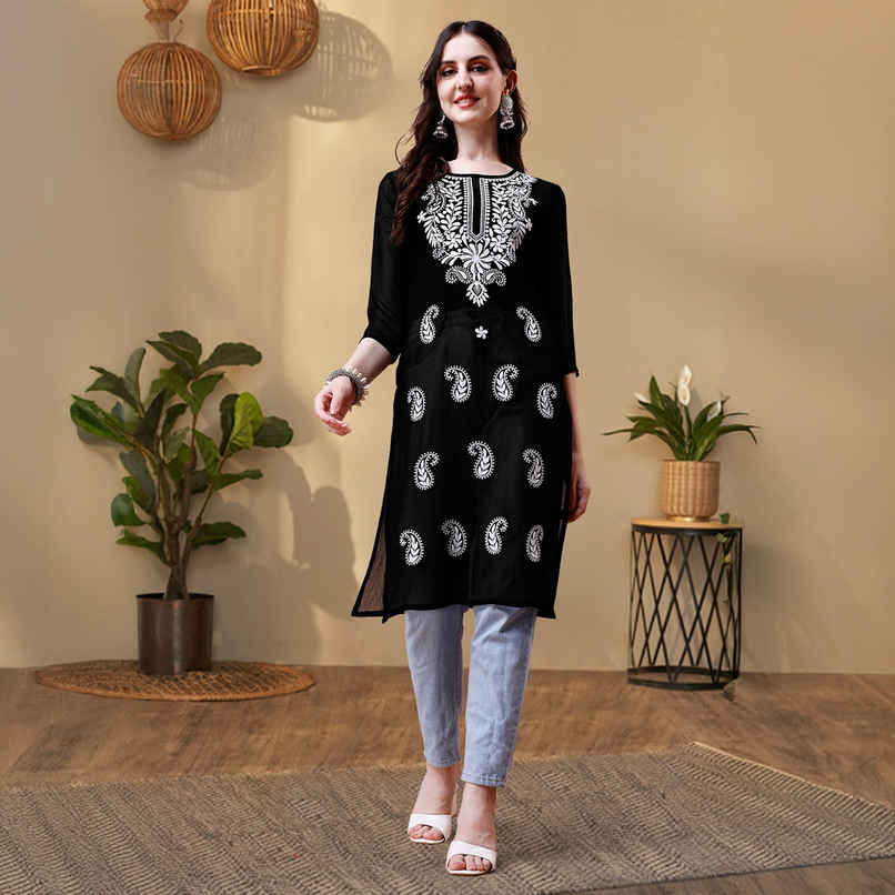 Youthnic Women Chikan Embroidery Short Kurti | B53 - Jini Black | M