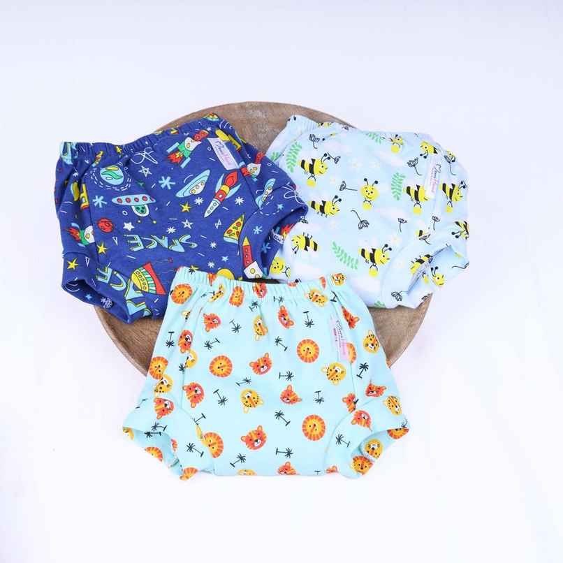 Moms Home Organic Cotton Unisex Baby Padded Underwear | 12-18 Months | Lion,Bee & Rocket | Pack Of 3