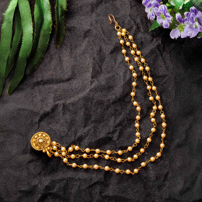 Aadita Traditional Long Chain Nose Pin- Gold Plated Nath with Kundan & Pearl for Bridal Wear