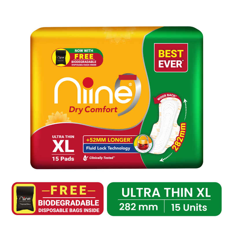 Niine Sanitary Napkins Ultra-Thin XL Dry Comfort | 282 mm | with Biodegradable Bags | 15 Pads