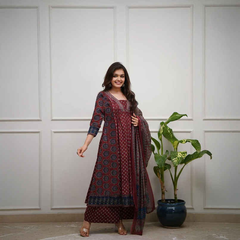 GoSriKi Women's Viscose Rayon Anarkali Printed Kurta with Pant & Dupatta | NAKULA | Wine - M