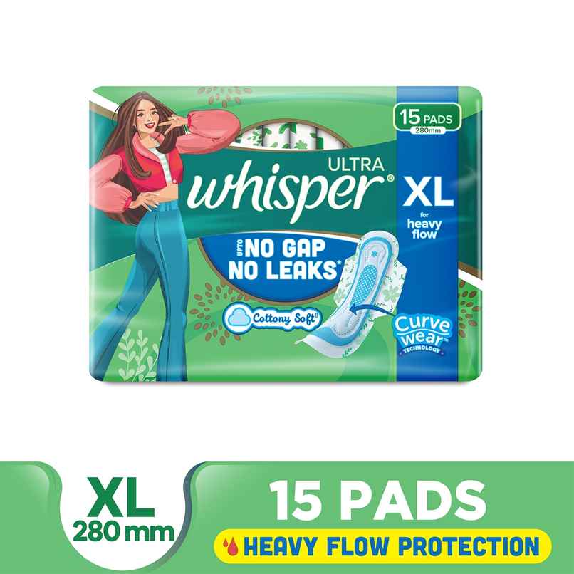 Whisper Ultra Upto No Gap No Leaks Sanitary Pads | XL | 15 pcs