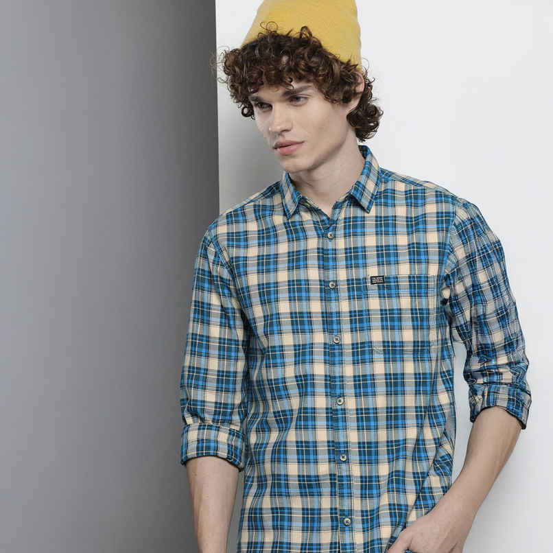 The Indian Garage Co Men's Slim Fit Checkered Casual Shirt | Blue - M