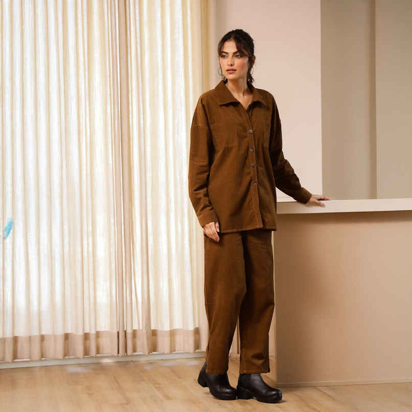 Sanskrutihomes Women Shirt Collar Pure Cotton Brown Night Suit SE-NSP-684 | S Sanskrutihomes Women Shirt Collar Pure Cotton Brown Night Suit SE-NSP-684 | S