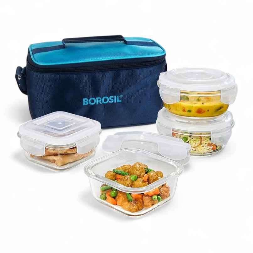 Borosil Alfa Universal Lunchbox | 4 Pcs Glass Set | 320 ml x 2 + 240 ml x 2